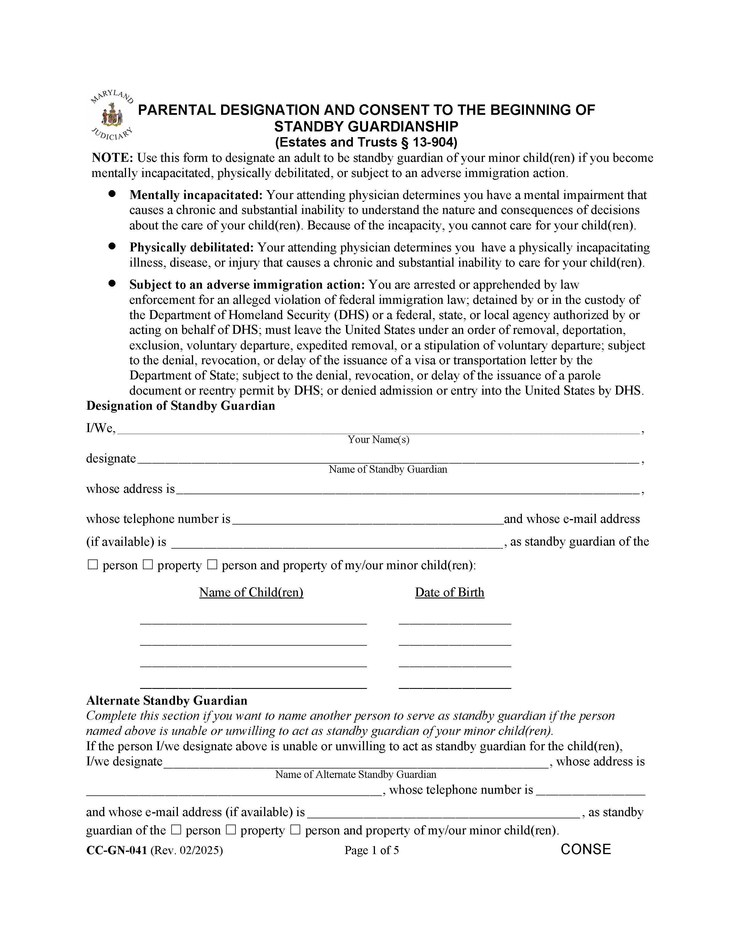 Parental Designation And Consent To The Beginning Of Standby Guardianship {CC-GN-041} | Pdf Fpdf Docx | Maryland