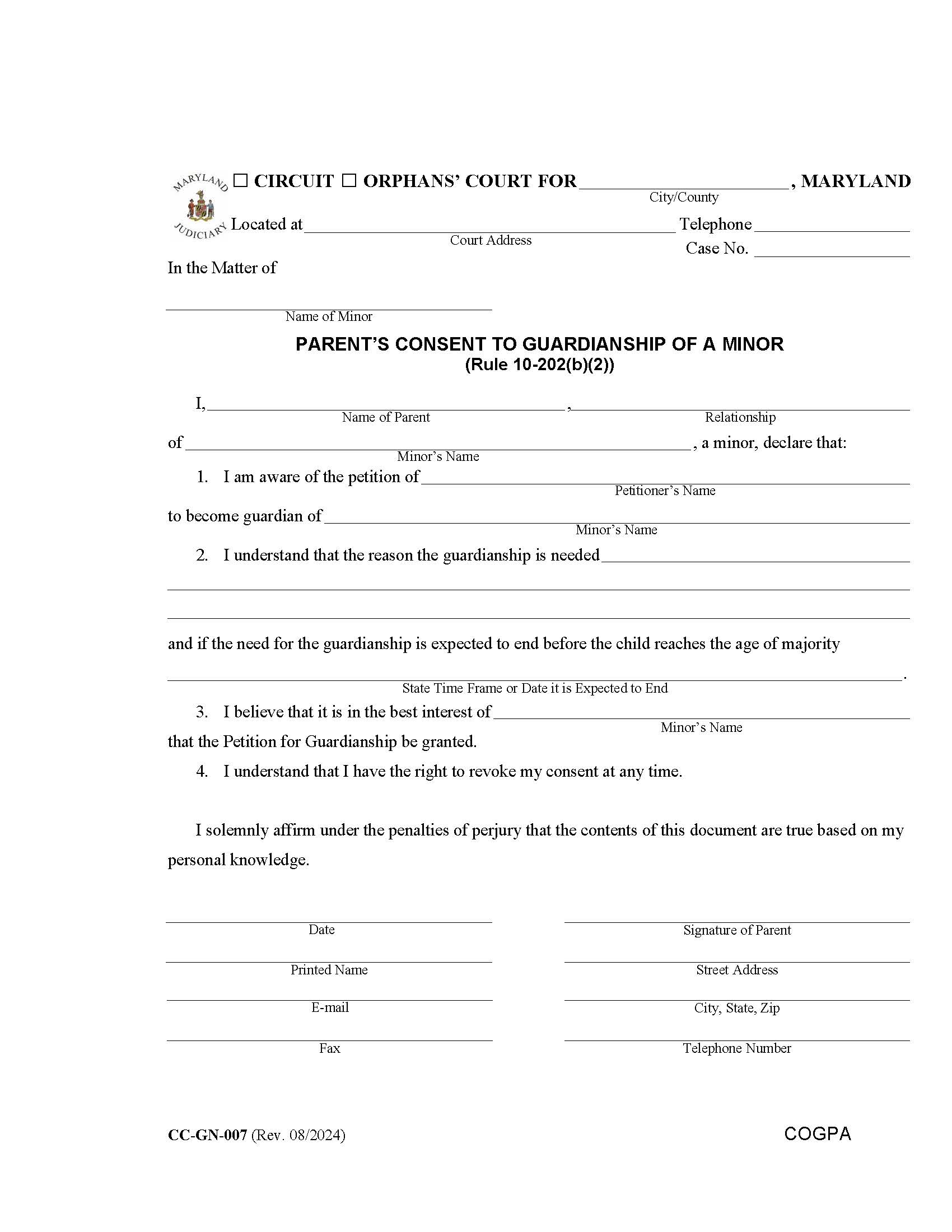 Parents Consent To Guardianship Of A Minor {GN-CC-007} | Pdf Fpdf Docx | Maryland