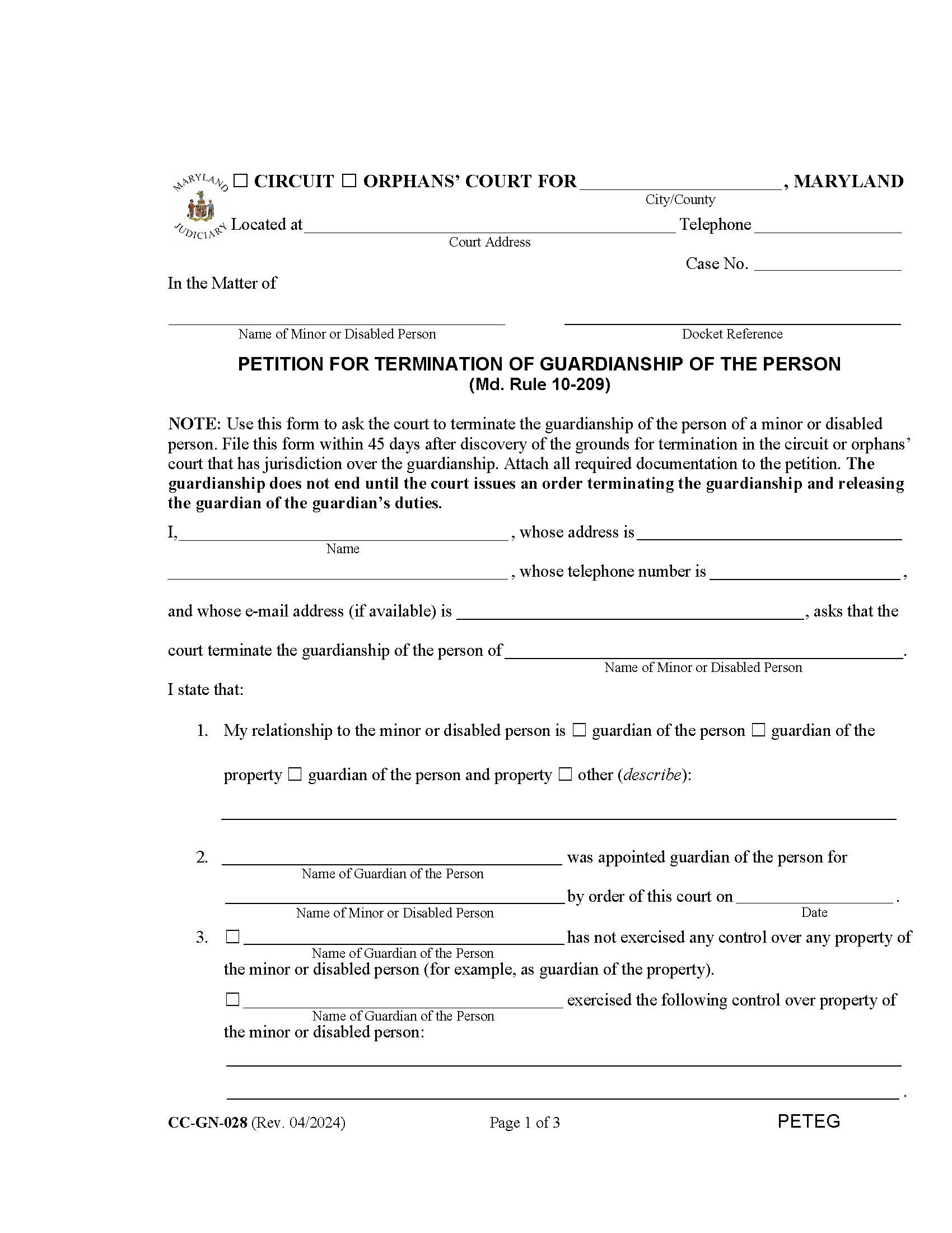 Peition For Termination Of Guardianship Of The Person {CC-GN-028} | Pdf Fpdf Docx | Maryland