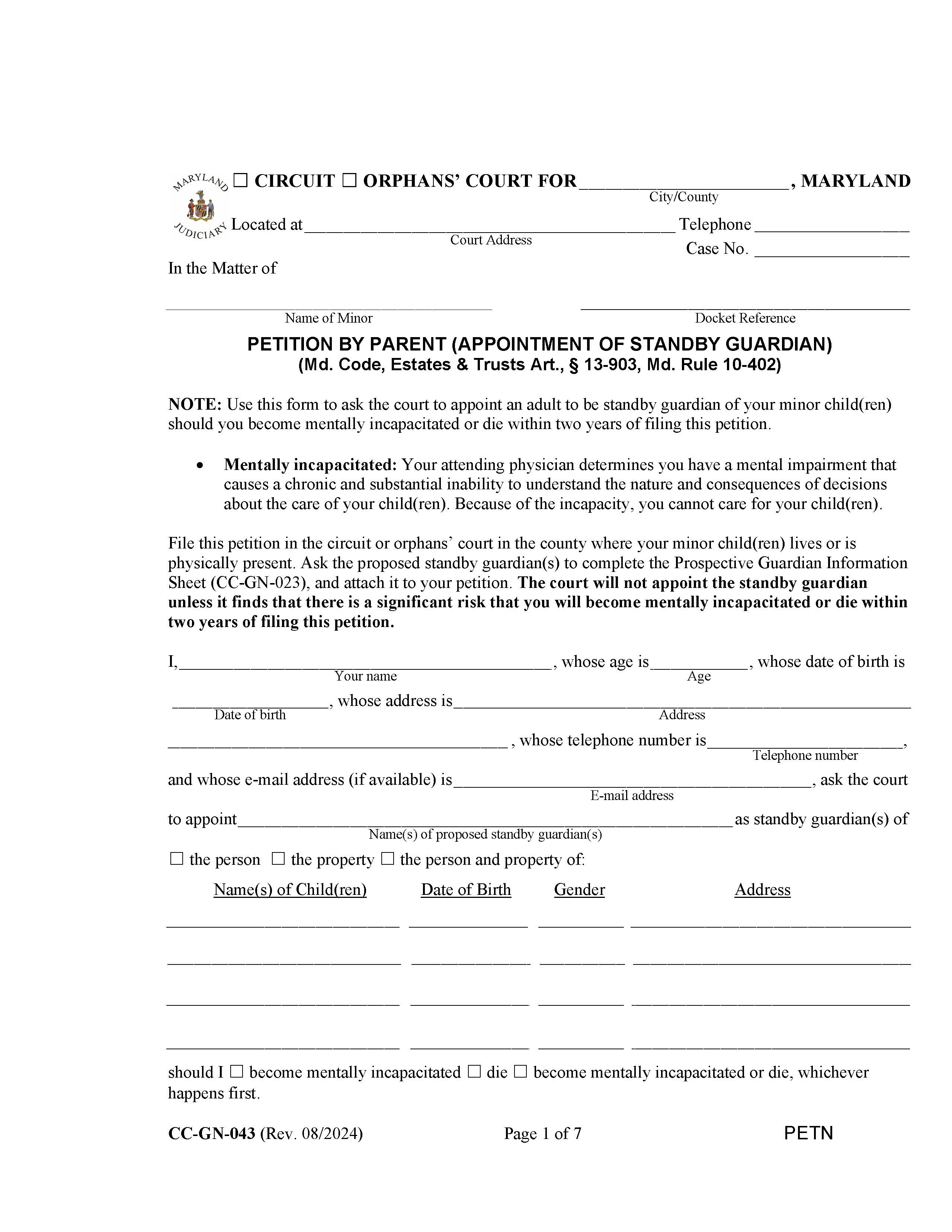 Petition By Parent (Appointment Of Standby Guardian) {CC-GN-043} | Pdf Fpdf Docx | Maryland