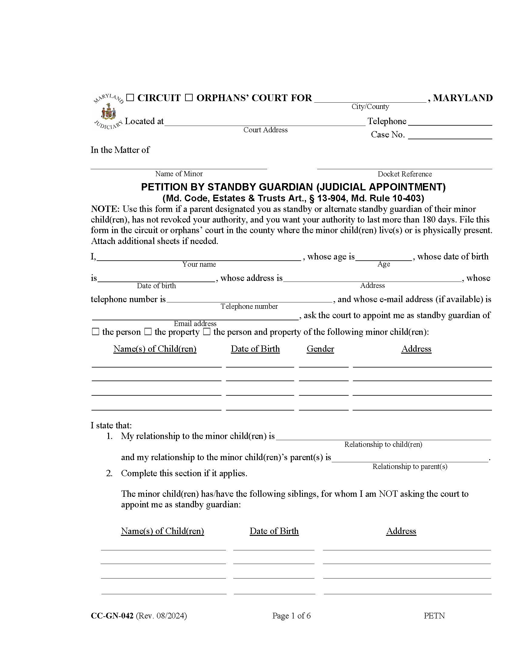 Petition By Standby Guardian (Judicial Appointment) {CC-GN-042} | Pdf Fpdf Docx | Maryland