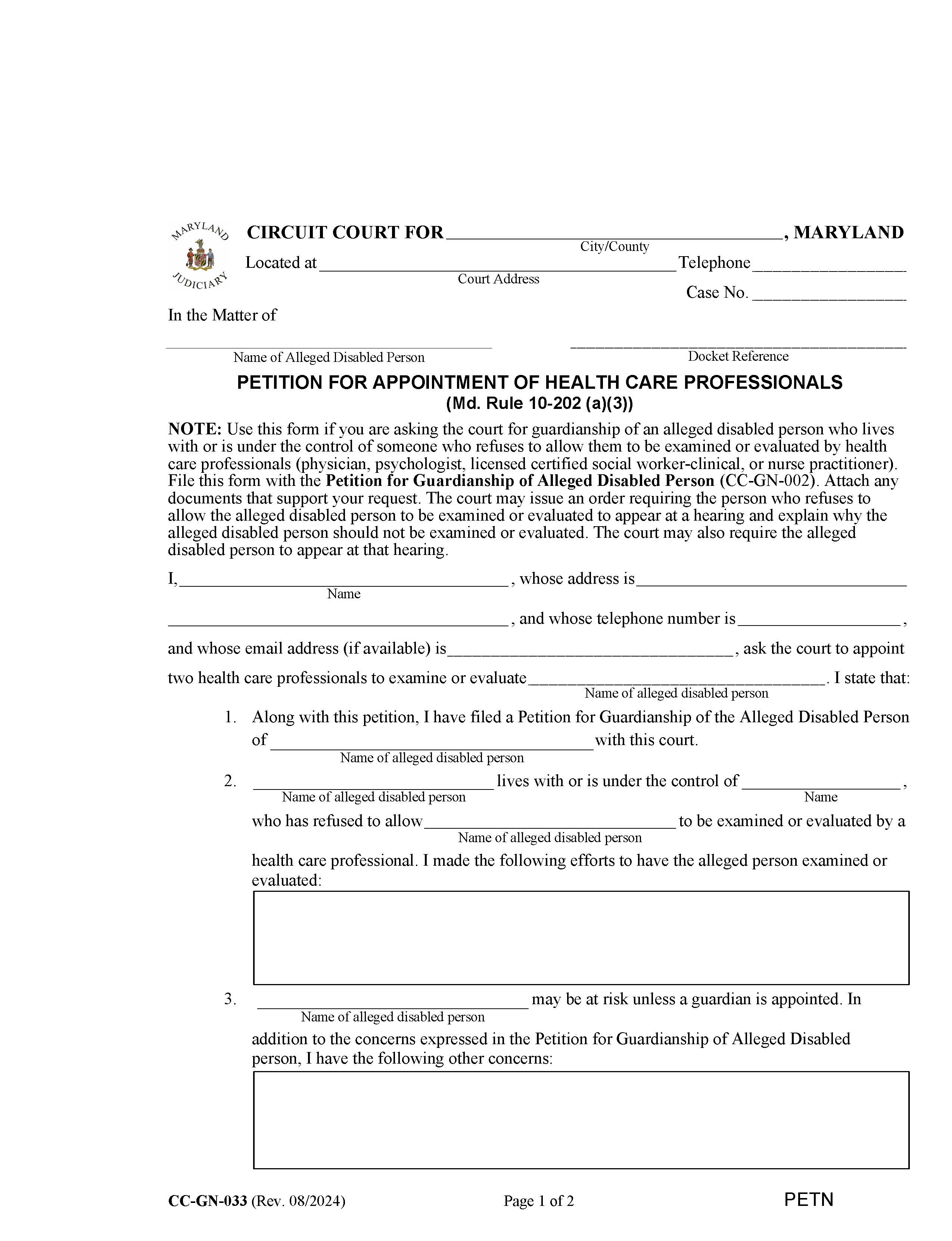 Petition For Appointment Of Health Care Professionals {CC-GN-033} | Pdf Fpdf Docx | Maryland