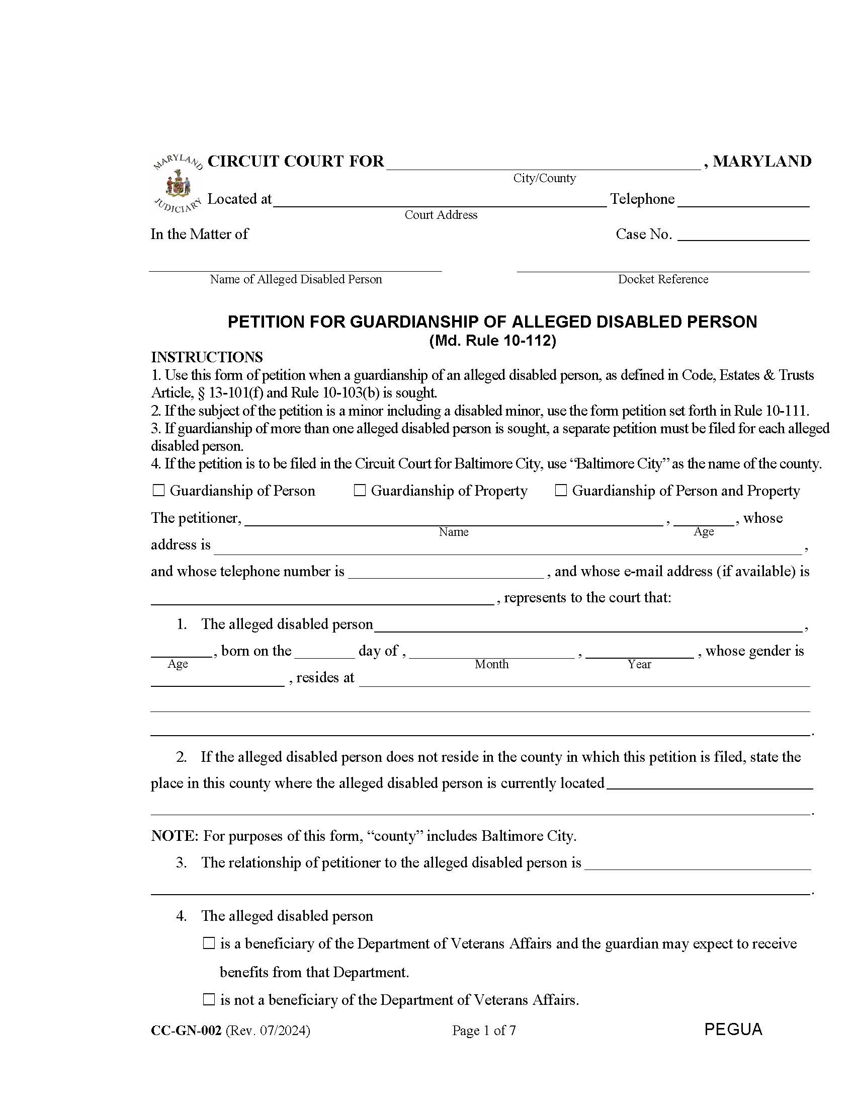 Petition For Guardianship Of Alleged Disabled Person {CC-GN-002} | Pdf Fpdf Docx | Maryland