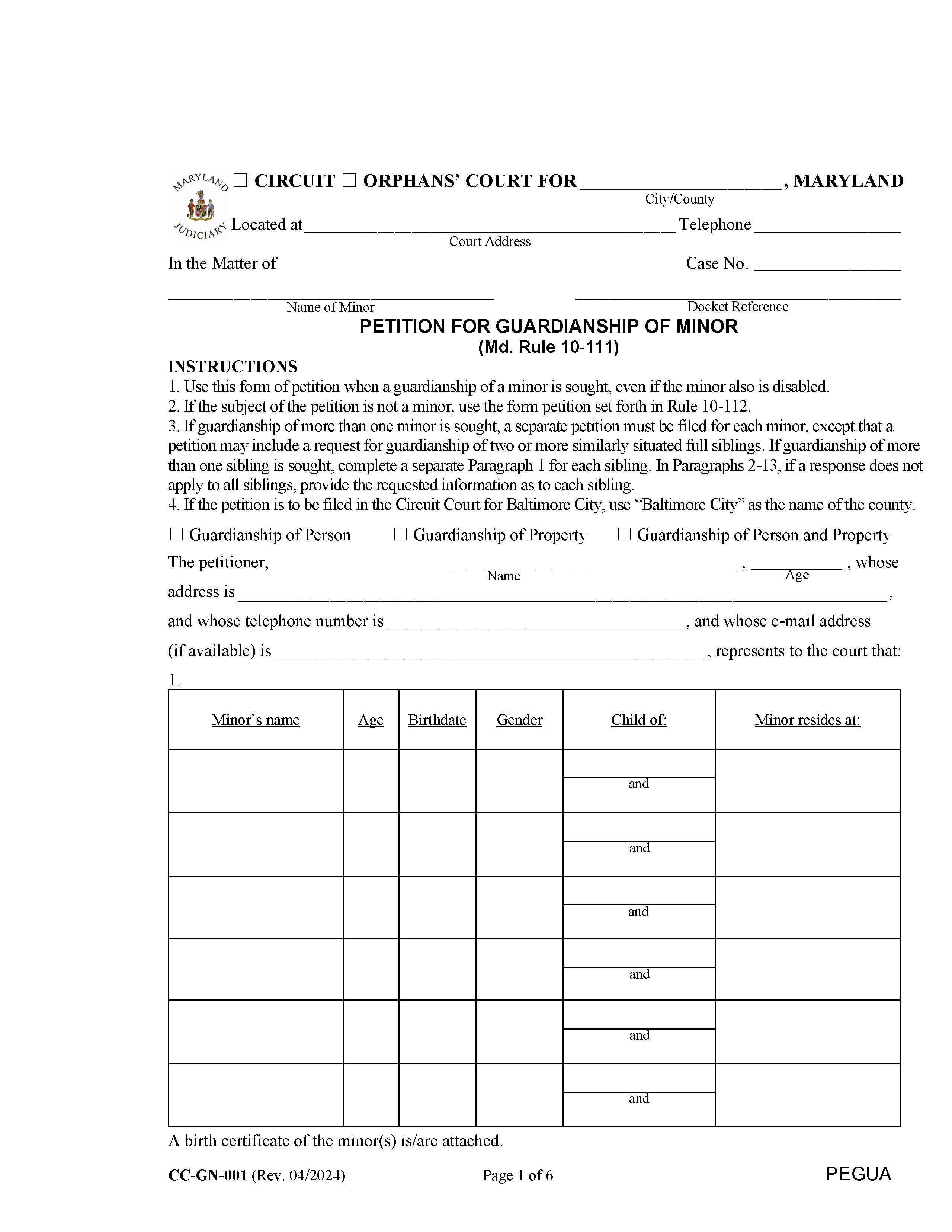 Petition For Guardianship Of Minor {CC-GN-001} | Pdf Fpdf Docx | Maryland