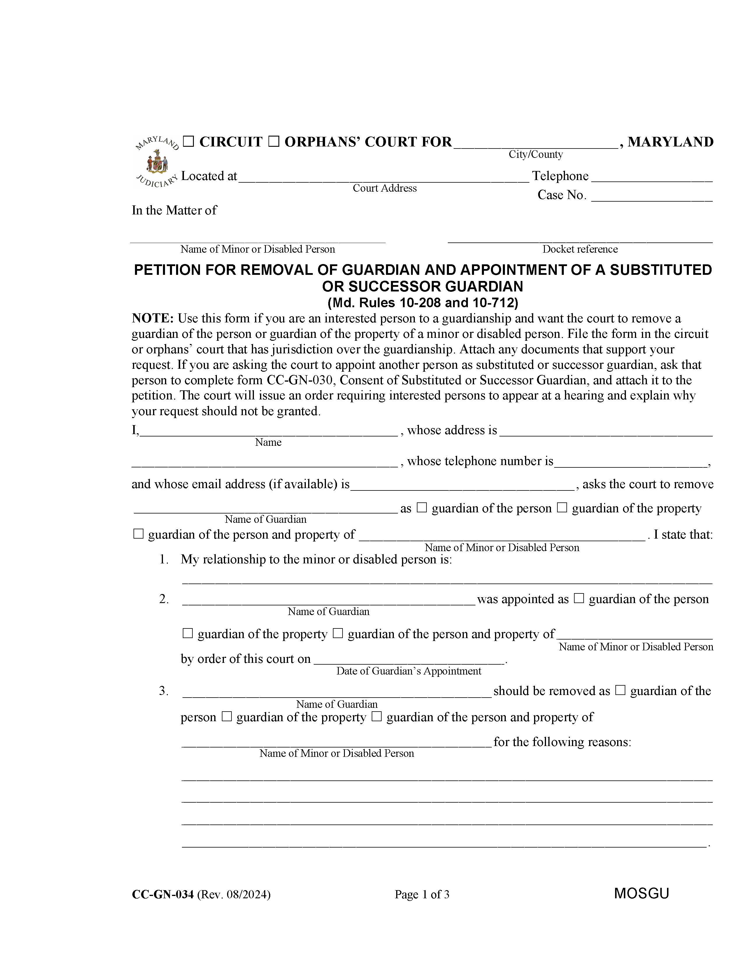Petition For Removal Of Guardian {CC-GN-034} | Pdf Fpdf Docx | Maryland