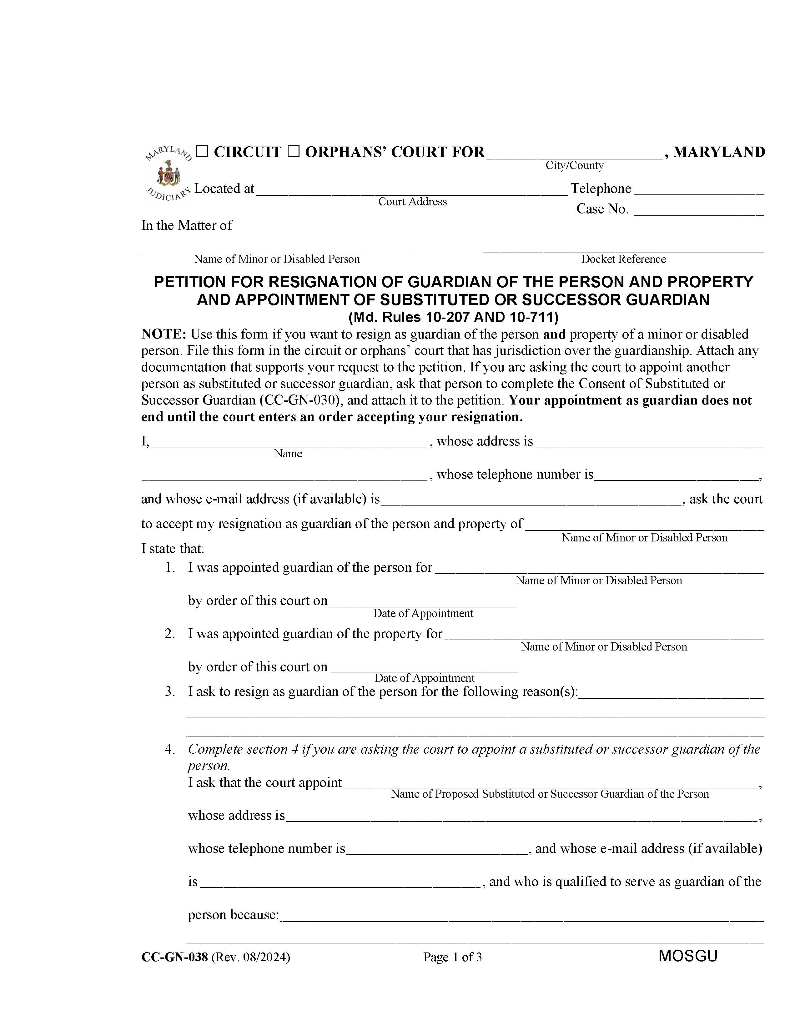 Petition For Resignation Of Guardian And Appointment Of Substitute {CC-GN-038} | Pdf Fpdf Docx | Maryland