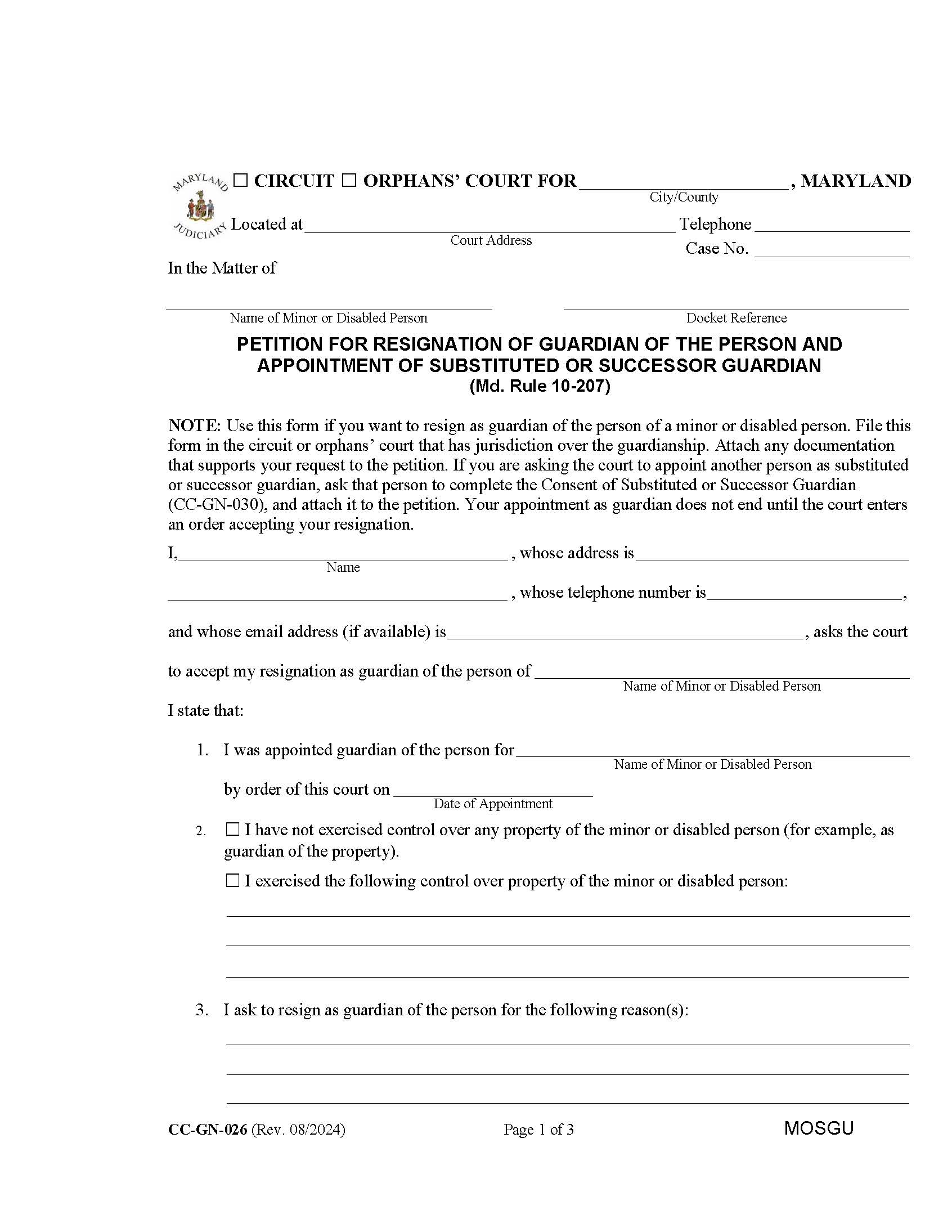 Petition For Resignation Of Guardian Of The Person {CC-GN-026} | Pdf Fpdf Docx | Maryland
