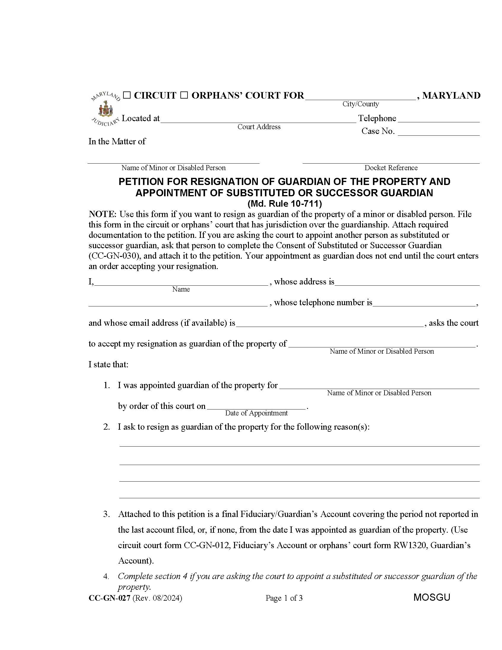 Petition For Resignation Of Guardian Of The Property {CC-GN-027} | Pdf Fpdf Docx | Maryland