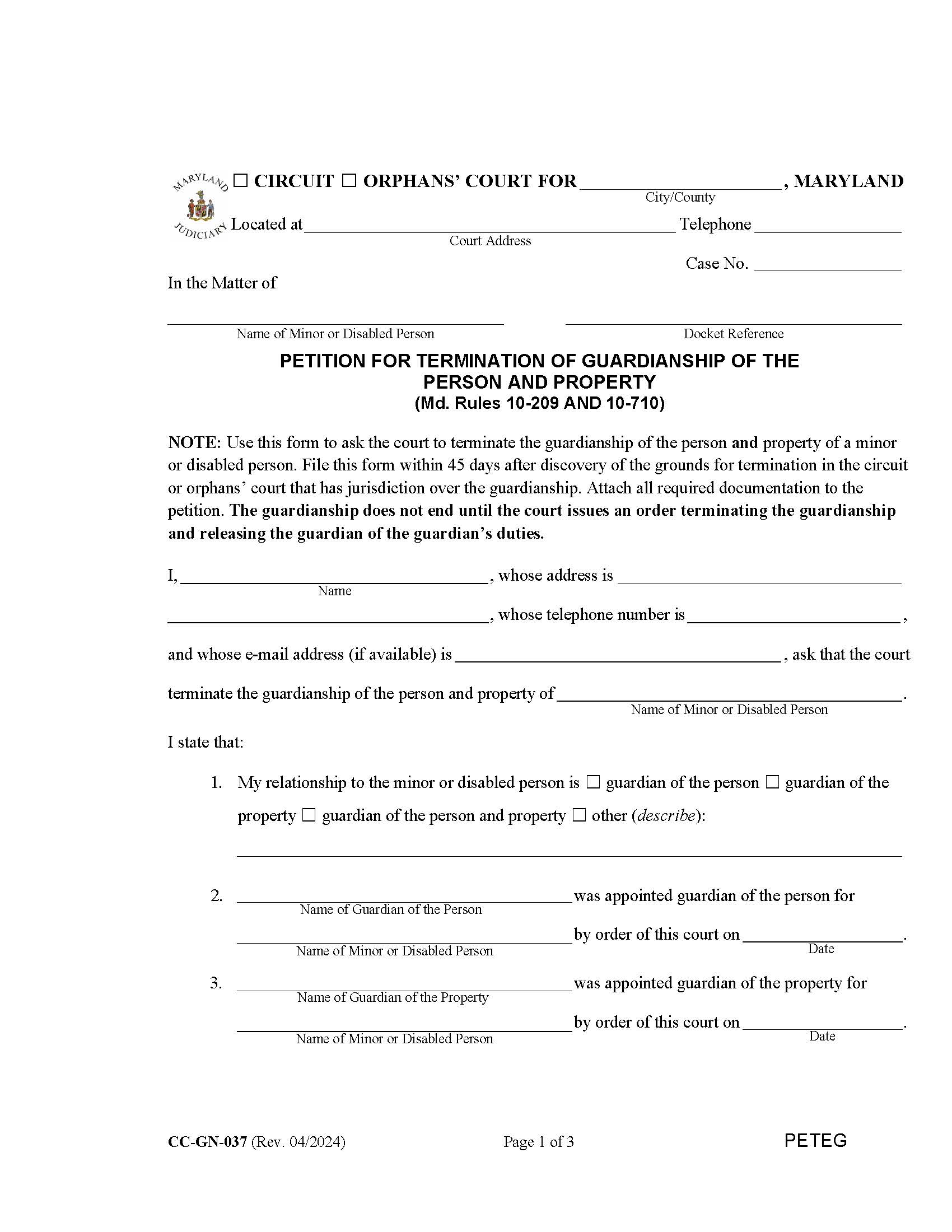 Petition For Termination Of Guardianship Of The Person And Property {CC-GN-037} | Pdf Fpdf Docx | Maryland