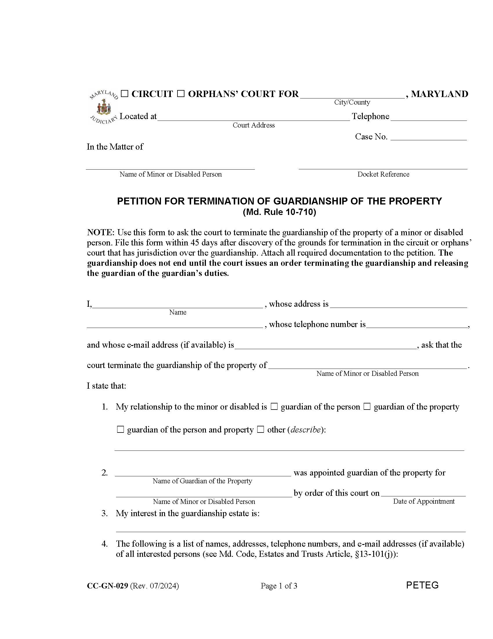 Petition For Termination Of Guardianship Of The Property {CC-GN-029} | Pdf Fpdf Docx | Maryland