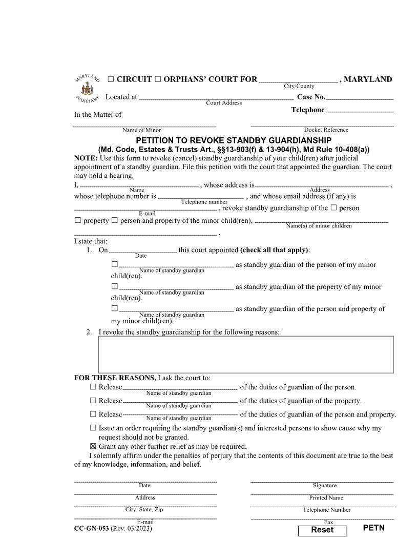 Petition To Revoke Standby Guardianship {CC-GN-053} | Pdf Fpdf Docx | Maryland