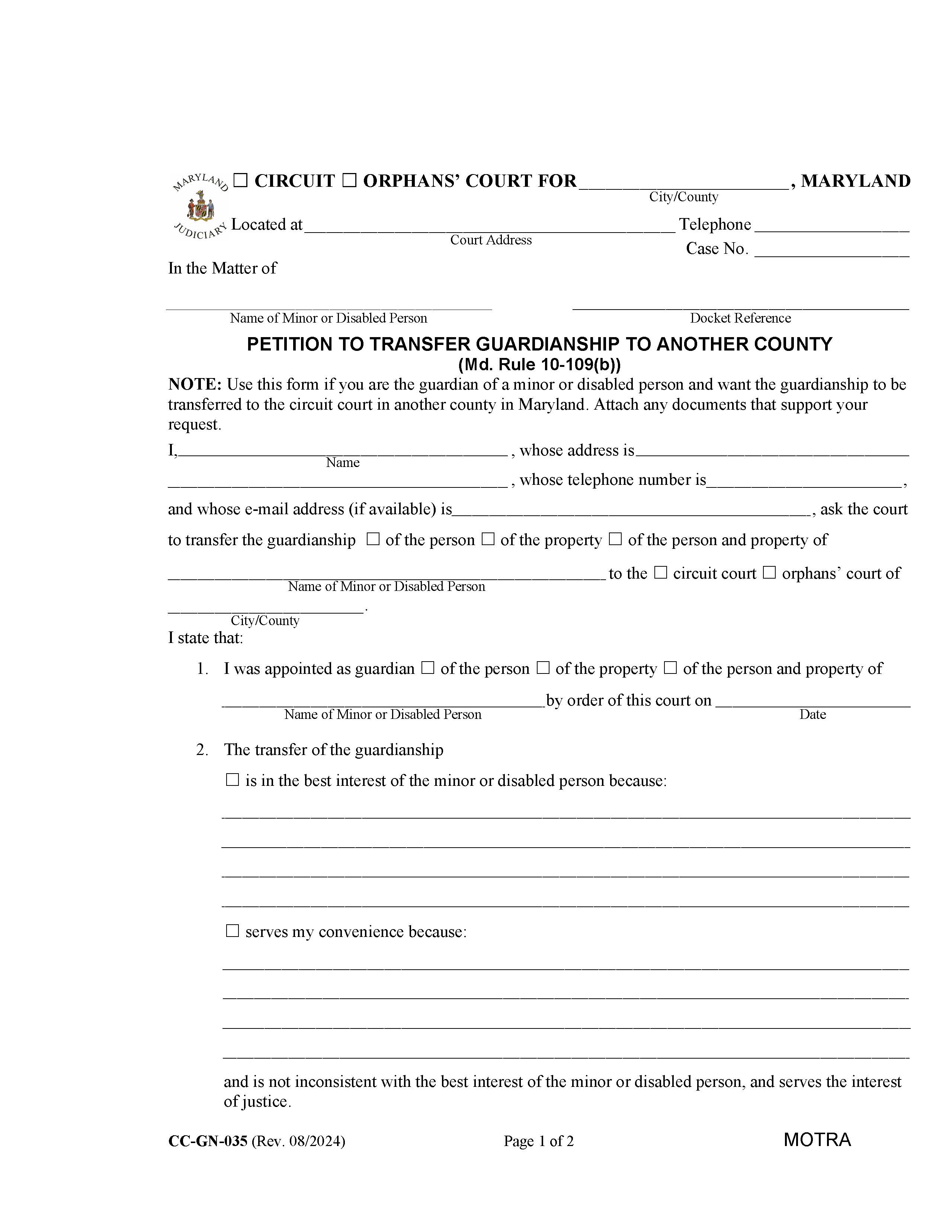 Petition To Transfer Guardianship To Another County {CC-GN-035} | Pdf Fpdf Docx | Maryland