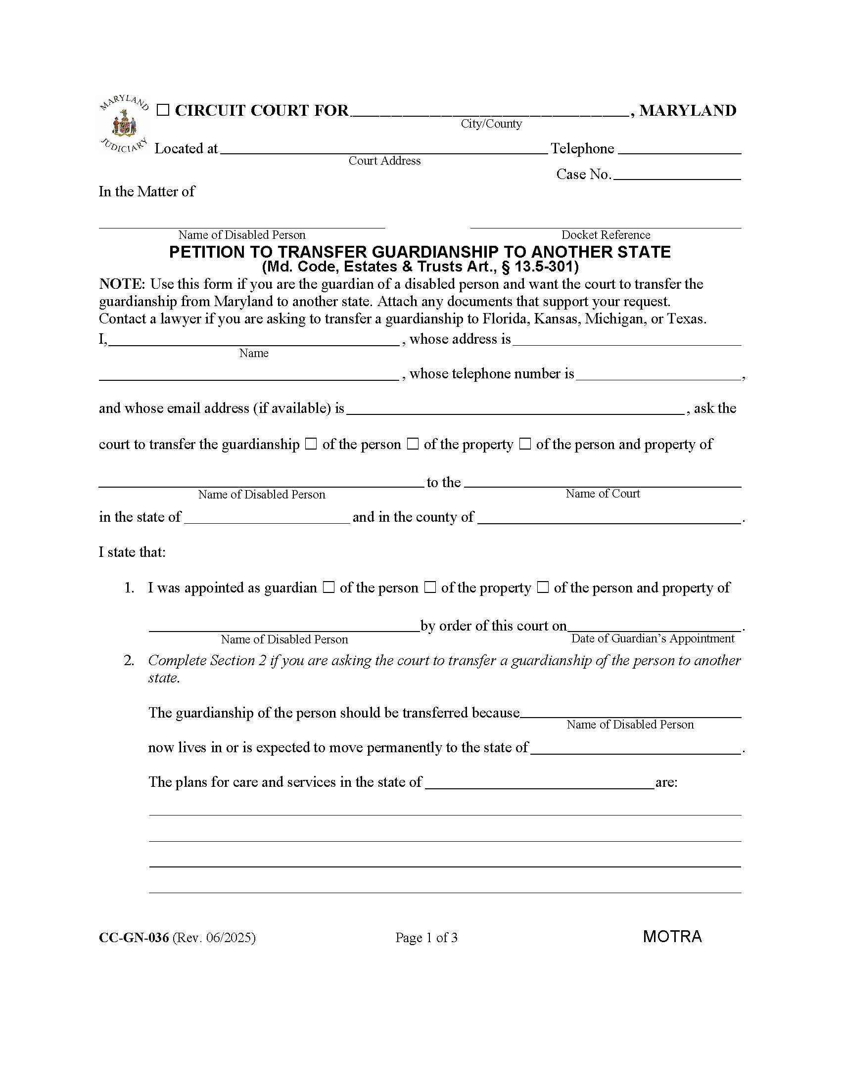 Petition To Transfer Guardianship To Another State {CC-GN-036} | Pdf Fpdf Docx | Maryland