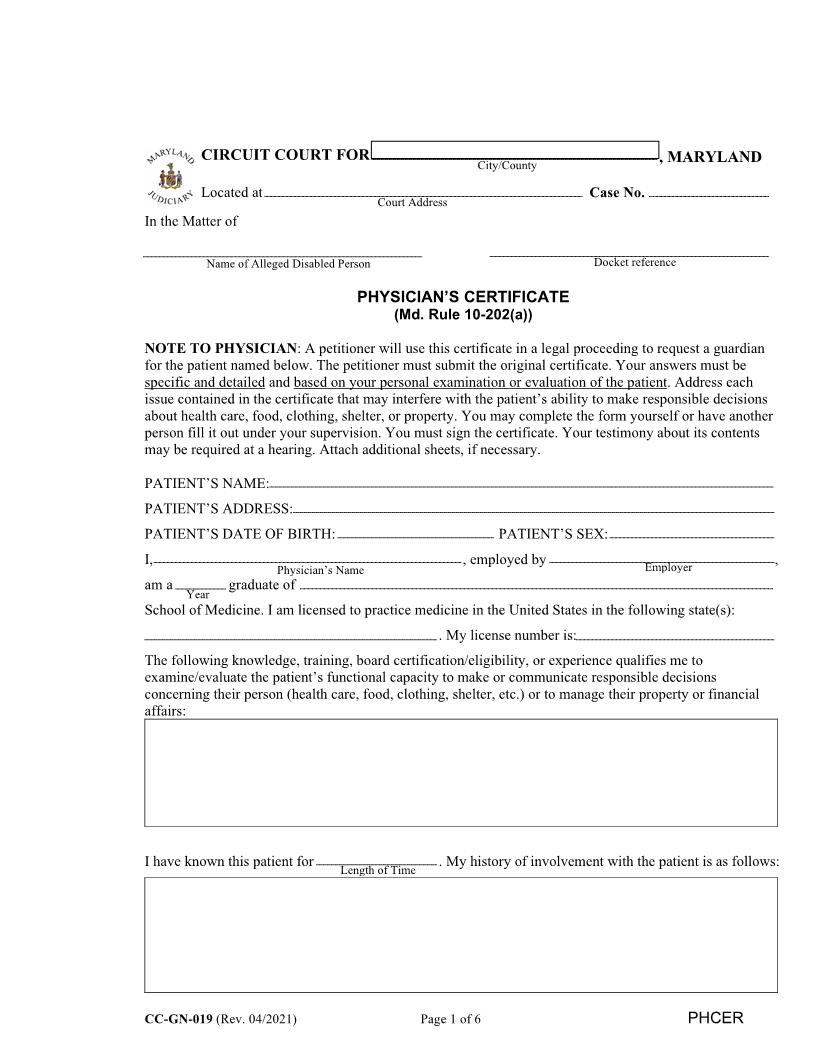 Physicians Certificate {CC-GN-019} | Pdf Fpdf Docx | Maryland