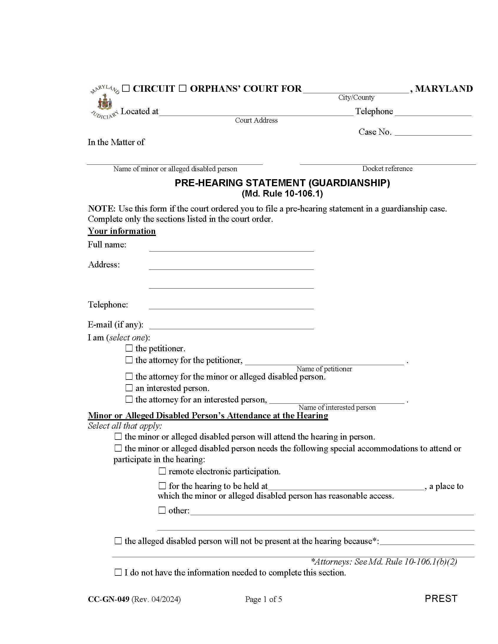 Pre Hearing Statement (Guardianship) {CC-GN-049} | Pdf Fpdf Docx | Maryland