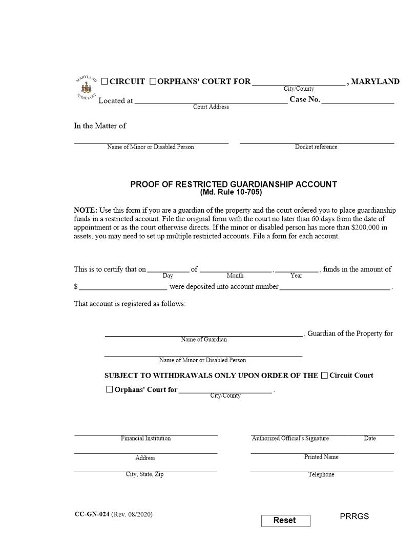 Proof Of Restricted Guardianship Account {CC-GN-024} | Pdf Fpdf Docx | Maryland
