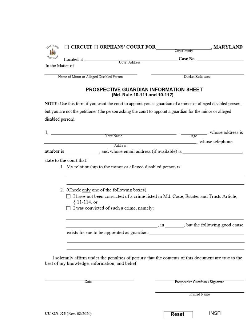 Prospective Guardian Information Sheet {CC-GN-023} | Pdf Fpdf Docx | Maryland