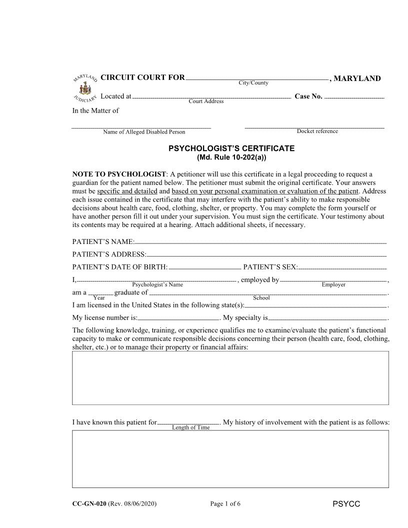 Psychologists Certificate {CC-GN-020} | Pdf Fpdf Docx | Maryland