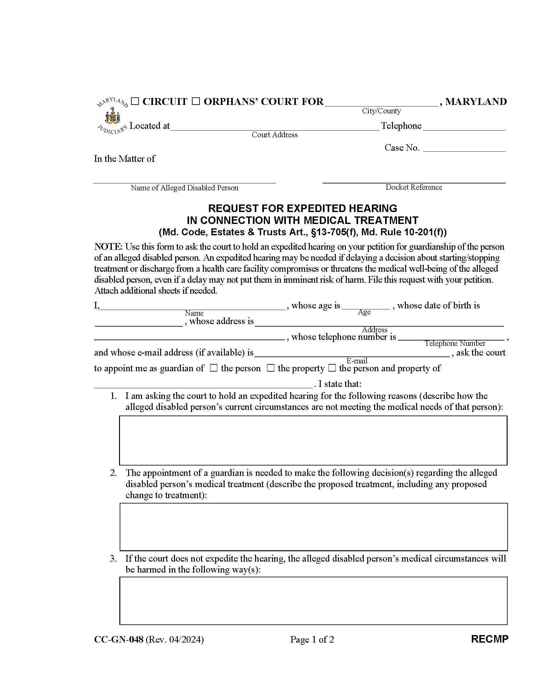 Request For Expedited Hearing In Connection Wth Medical Treatment {CC-GN-048} | Pdf Fpdf Docx | Maryland