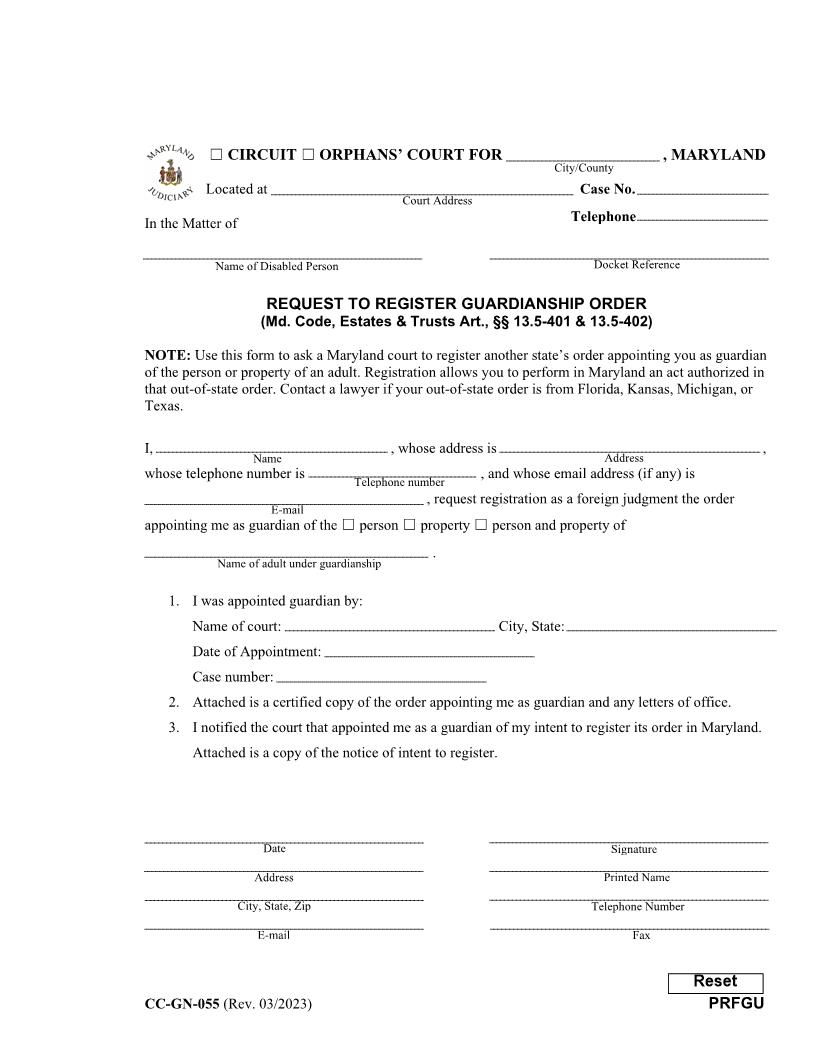 Request To Register Guardianship Order {CC-GN-055} | Pdf Fpdf Docx | Maryland