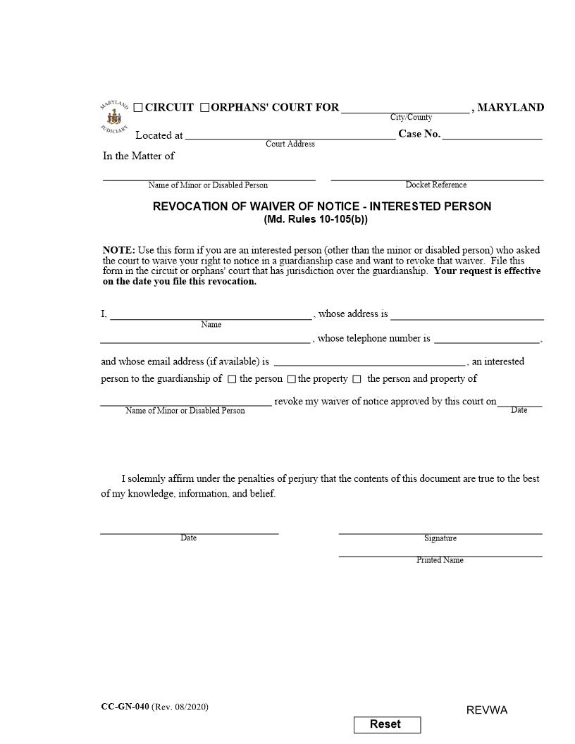 Revocation Of Waiver Of Notice Interested Person {CC-GN-040} | Pdf Fpdf Docx | Maryland