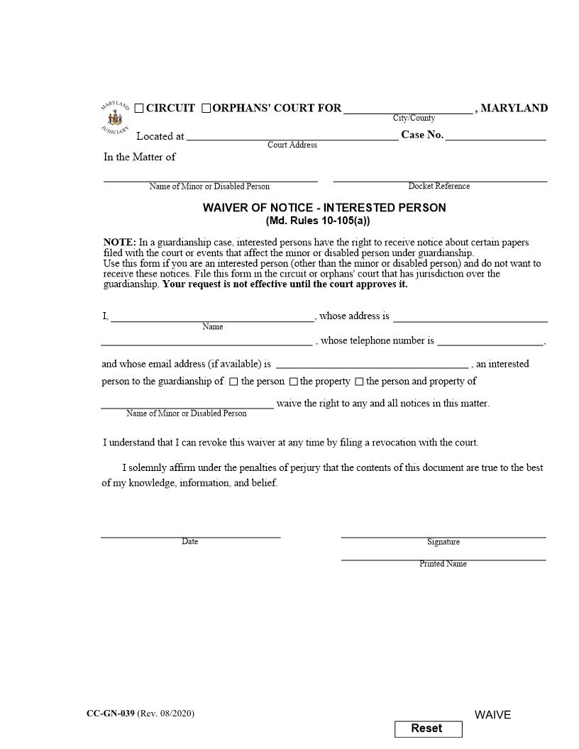 Waiver Of Notice Interested Person {CC-GN-039} | Pdf Fpdf Docx | Maryland