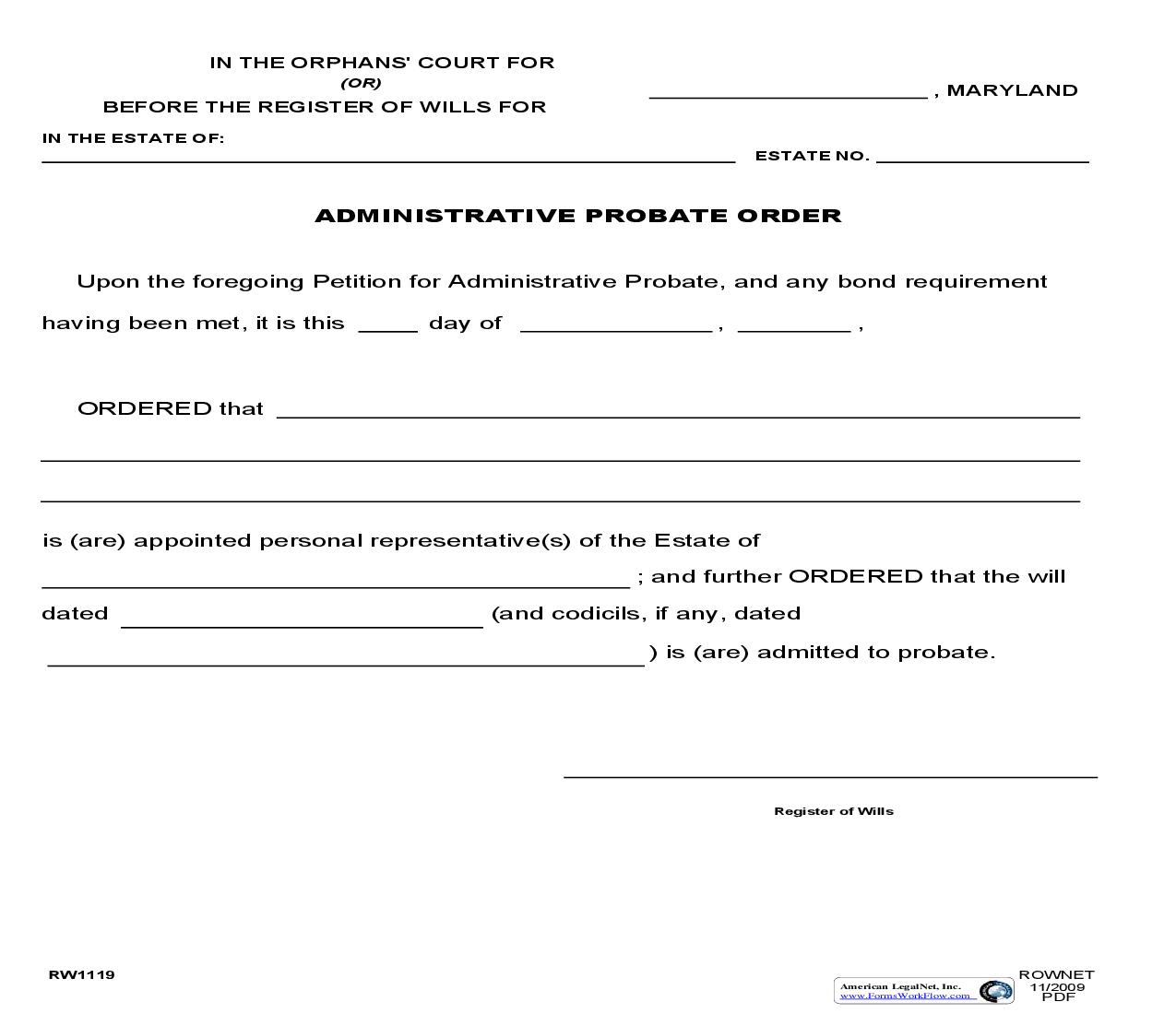 Administrative Probate Order {RW 1119} | Pdf Fpdf Doc Docx | Maryland