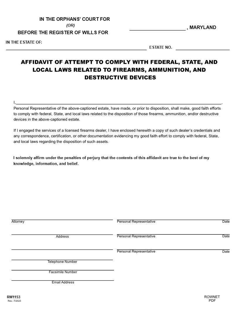 Affidavit Of Attempt To Comply With Laws Related To Firearms {RW 1153} | Pdf Fpdf Docx | Maryland