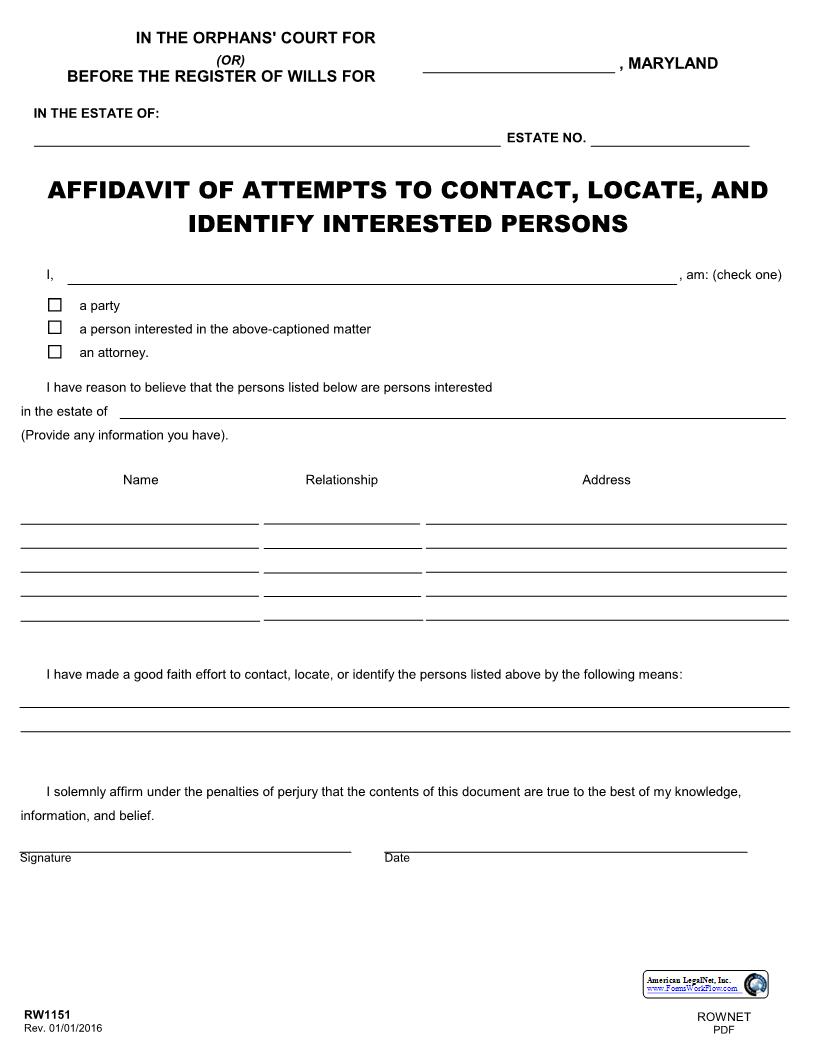 Affidavit Of Attempts To Contact Locate And Identify Interested Persons {RW 1151} | Pdf Fpdf Docx | Maryland