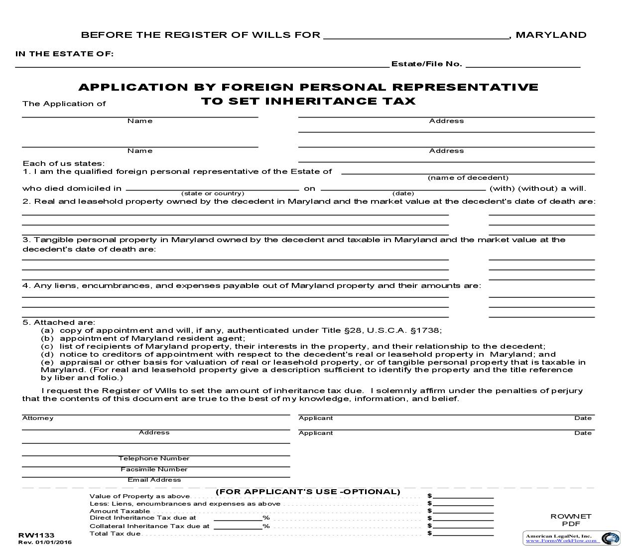 Application By Foreign Personal Representative To Set Inheritance Tax {RW 1133} | Pdf Fpdf Doc Docx | Maryland