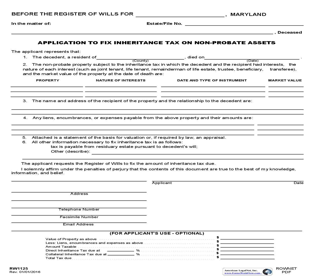 Application To Fix Inheritance Tax On Non Probate Assets {RW 1125} | Pdf Fpdf Doc Docx | Maryland