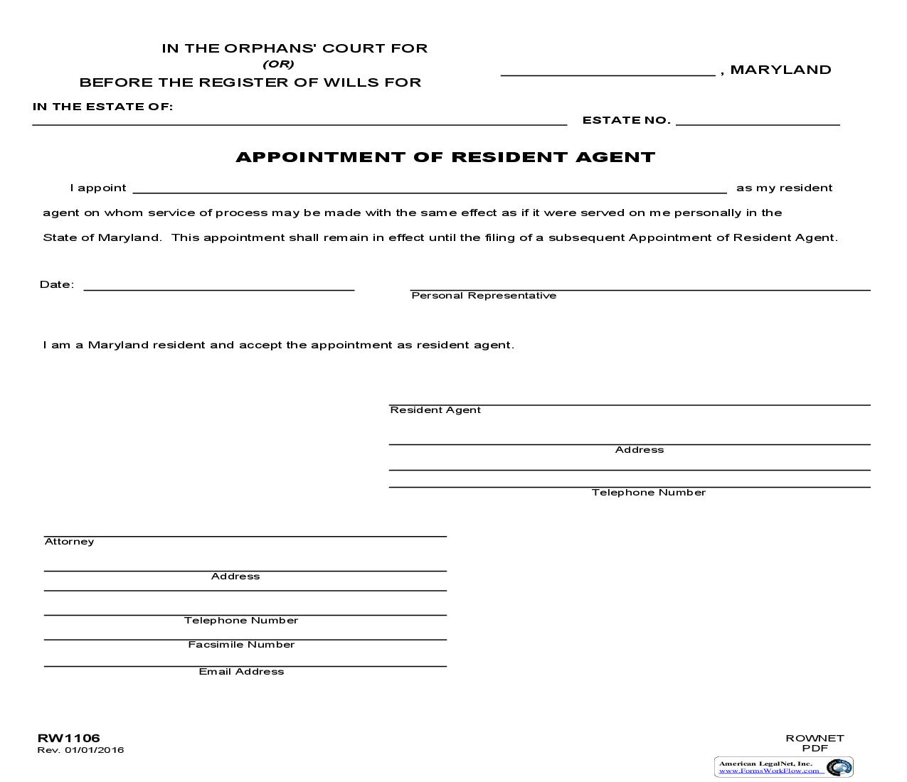 Appointment Of Resident Agent {RW 1106} | Pdf Fpdf Doc Docx | Maryland