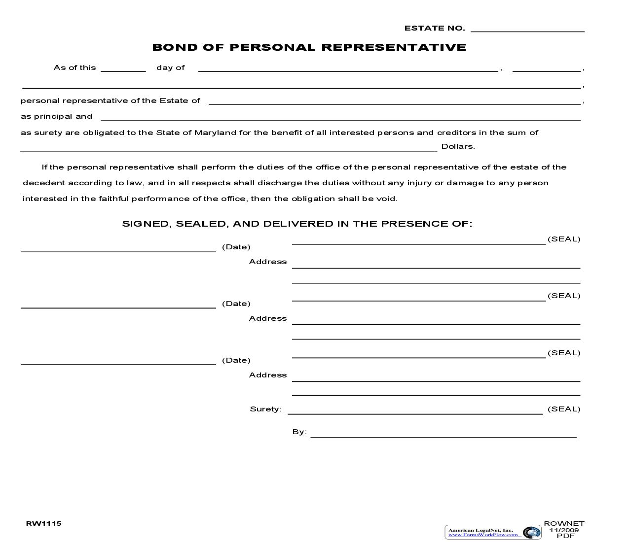 Bond Of Personal Representative {RW 1115} | Pdf Fpdf Doc Docx | Maryland