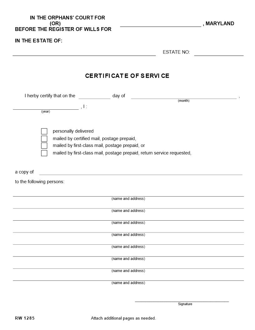 Certificate Of Service {RW 1285} | Pdf Fpdf Docx | Maryland