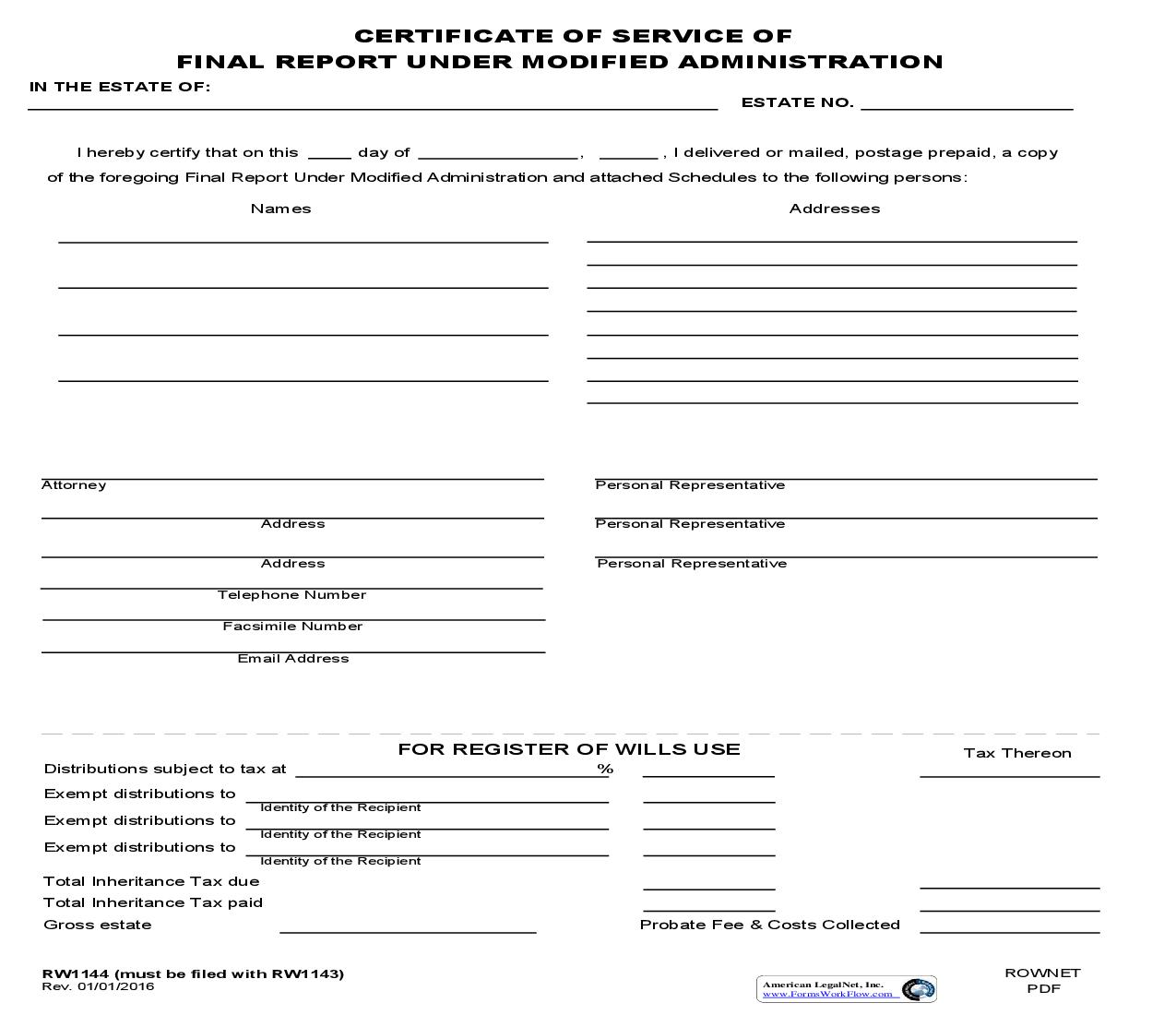 Certificate Of Service Of Final Report Under Modified Administration {RW 1144} | Pdf Fpdf Doc Docx | Maryland