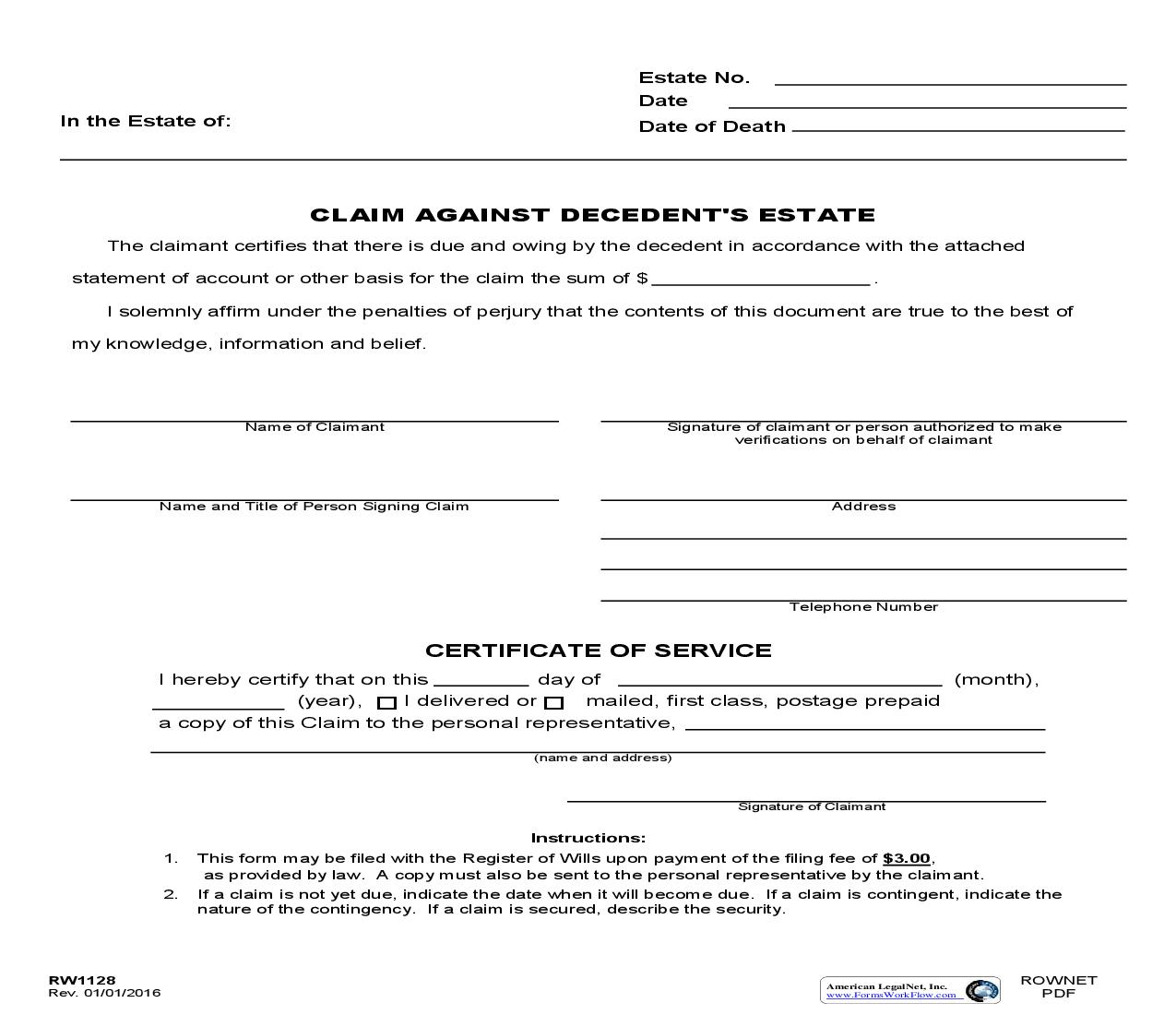 Claim Against Decedents Estate {RW 1128} | Pdf Fpdf Doc Docx | Maryland