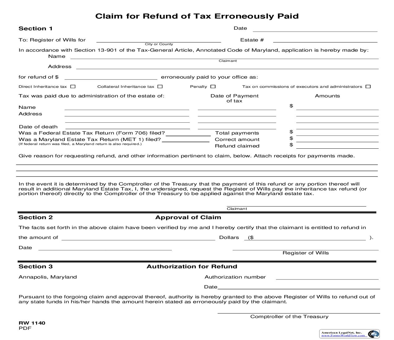 Claim For Refund Of Tax Erroneously Paid {RW 1140} | Pdf Fpdf Doc Docx | Maryland