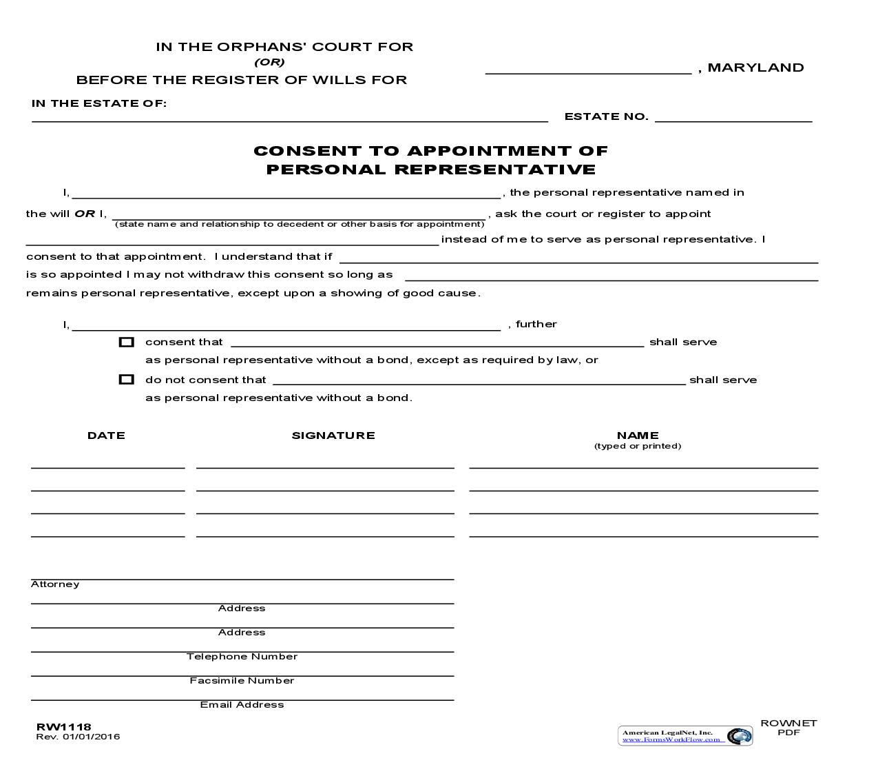 Consent To Appointment Of Personal Representative {RW 1118} | Pdf Fpdf Doc Docx | Maryland