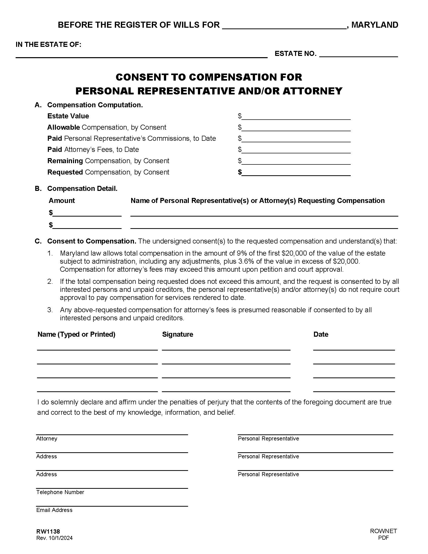 Consent To Compensation For Personal Representative And Or Attorney {RW 1138} | Pdf Fpdf Docx | Maryland
