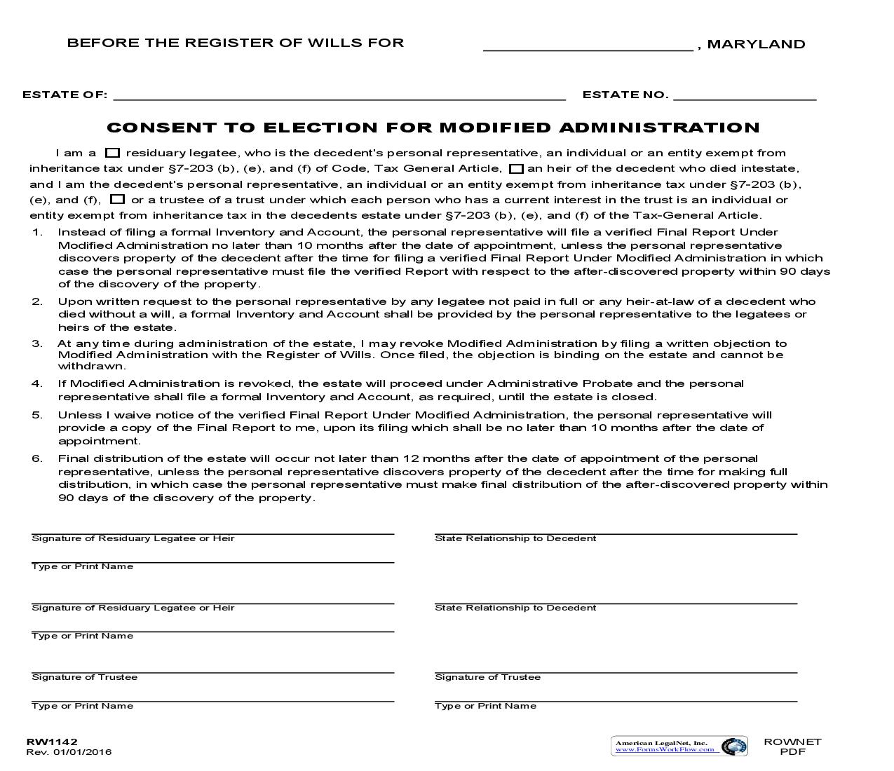 Consent To Election For Modified Administration {RW 1142} | Pdf Fpdf Doc Docx | Maryland