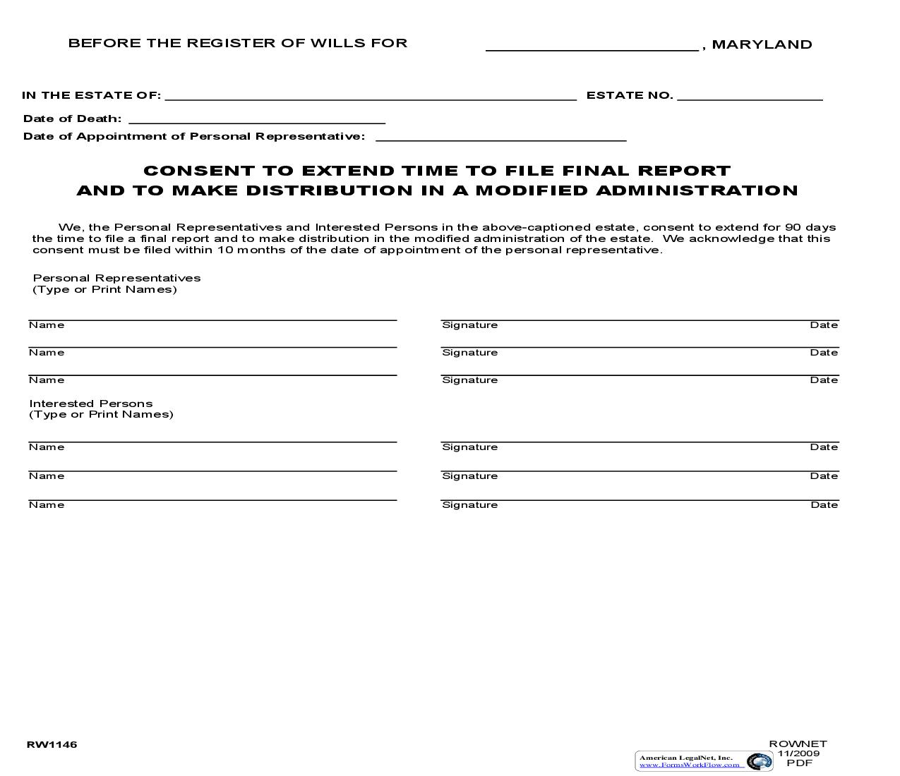 Consent To Extend Time To File Final Report And To Make Distribution In A Modified Administration {RW 1146} | Pdf Fpdf Doc Docx | Maryland