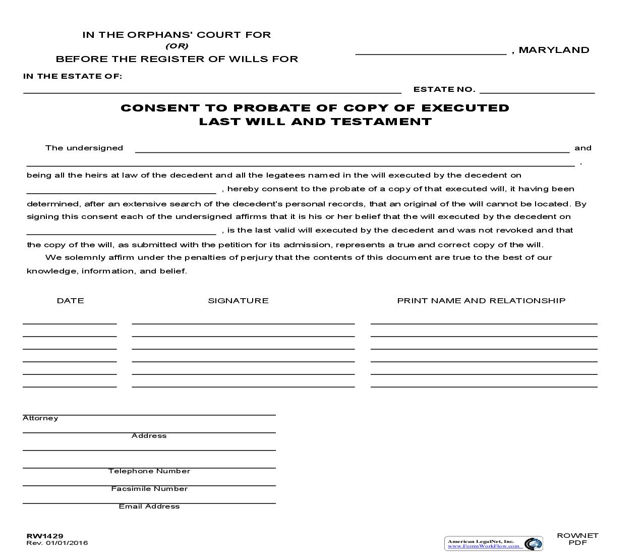 Consent To Probate Of Copy Of Executed Last Will And Testament {RW 1429} | Pdf Fpdf Doc Docx | Maryland