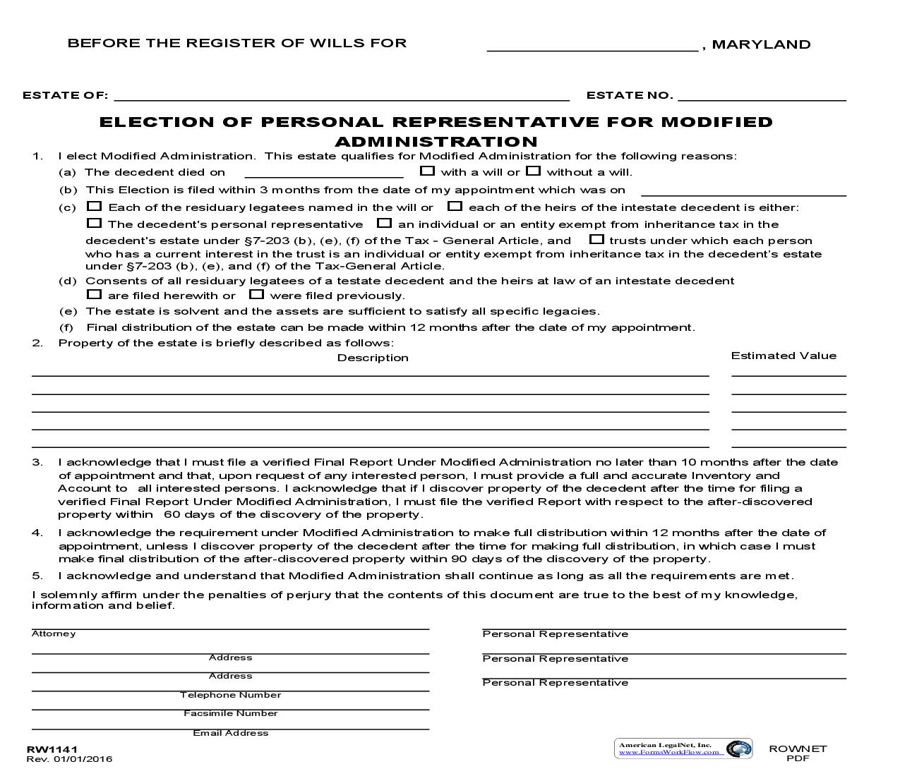 Election Of Personal Representative For Modified Administration {RW 1141} | Pdf Fpdf Doc Docx | Maryland