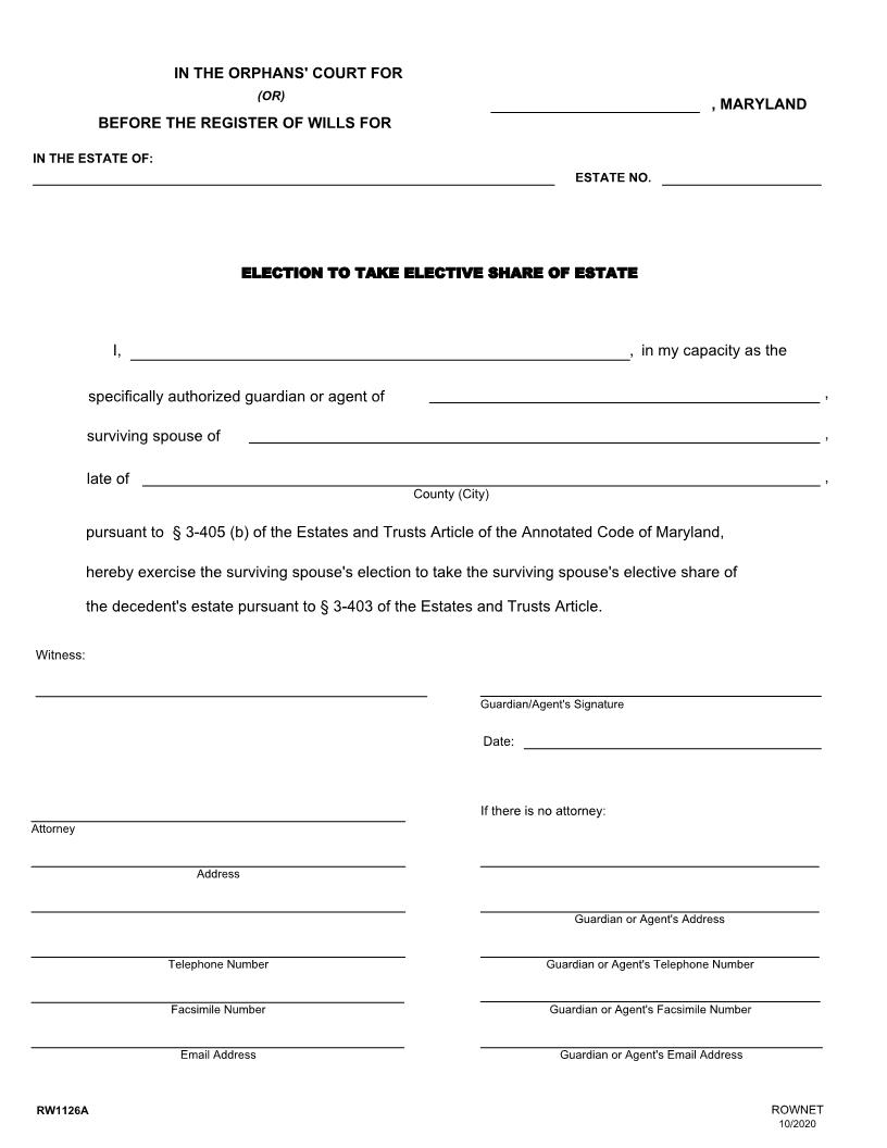 Election To Take Elective Share Of Estate (Other) {1126A} | Pdf Fpdf Docx | Maryland