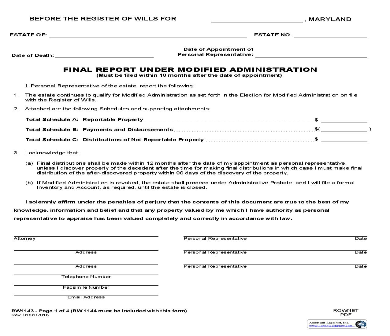 Final Report Under Modified Administration And Certificate Of Service {RW 1143} | Pdf Fpdf Doc Docx | Maryland