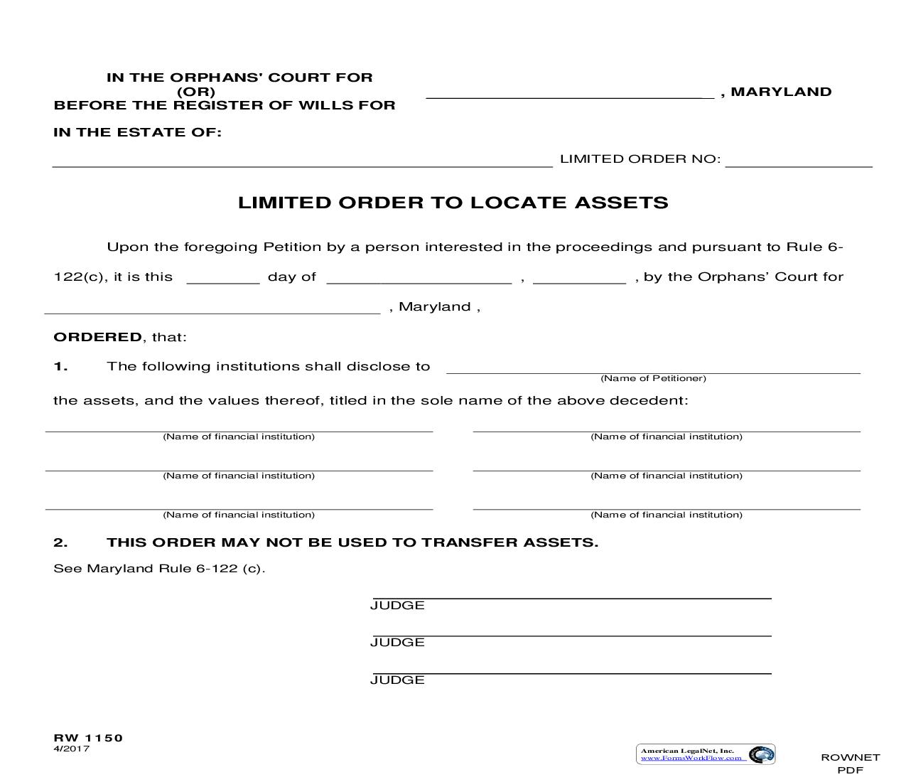 Limited Order To Locate Assets {RW 1150} | Pdf Fpdf Doc Docx | Maryland