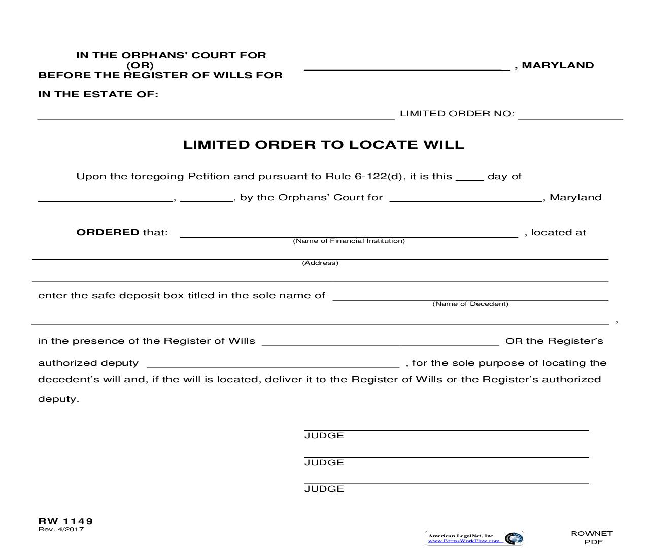 Limited Order To Locate Will {RW 1149} | Pdf Fpdf Doc Docx | Maryland