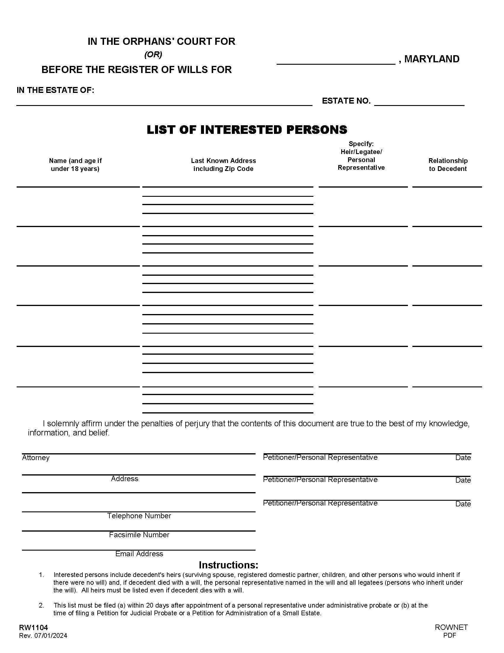 List Of Interested Persons {RW 1104} | Pdf Fpdf Doc Docx | Maryland