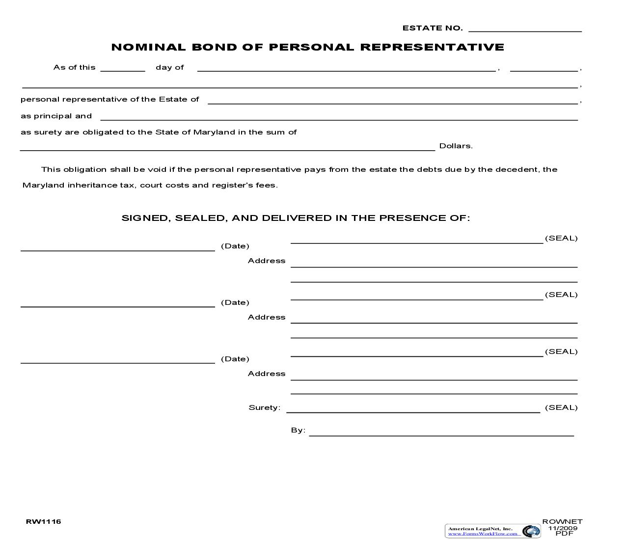 Nominal Bond Of Personal Representative {RW 1116} | Pdf Fpdf Doc Docx | Maryland
