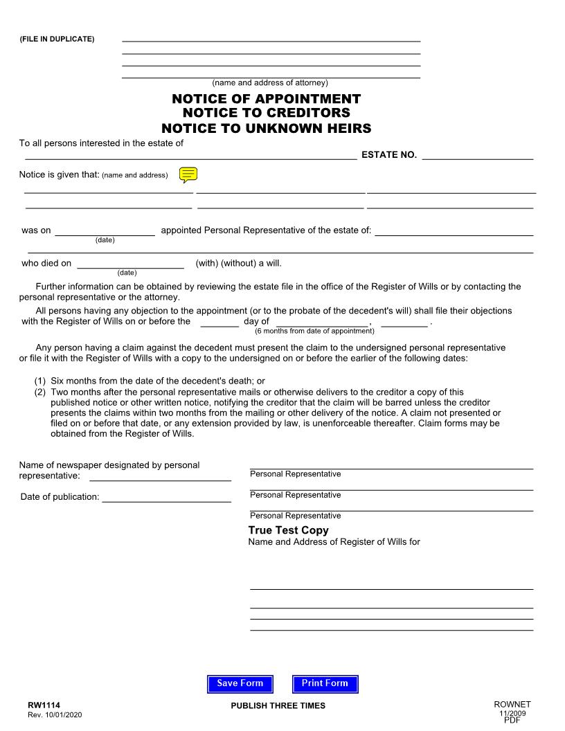 Notice Of Appointment Notice To Creditors Notice To Unknown Heirs {RW 1114} | Pdf Fpdf Doc Docx | Maryland